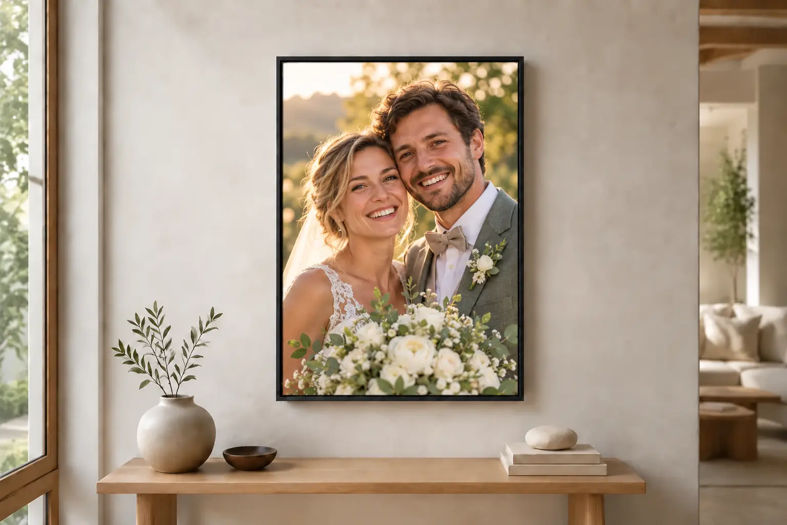 Fotoleinwand zur Hochzeit im schwarzen Schattenfugenrahmen, Motiv mit Brautpaar und weißem Brautstrauß