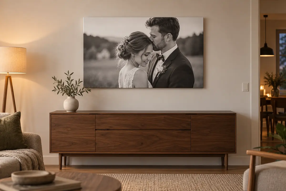 Foto auf Leinwand zur Hochzeit in Schwarzweiß über einem Sideboard