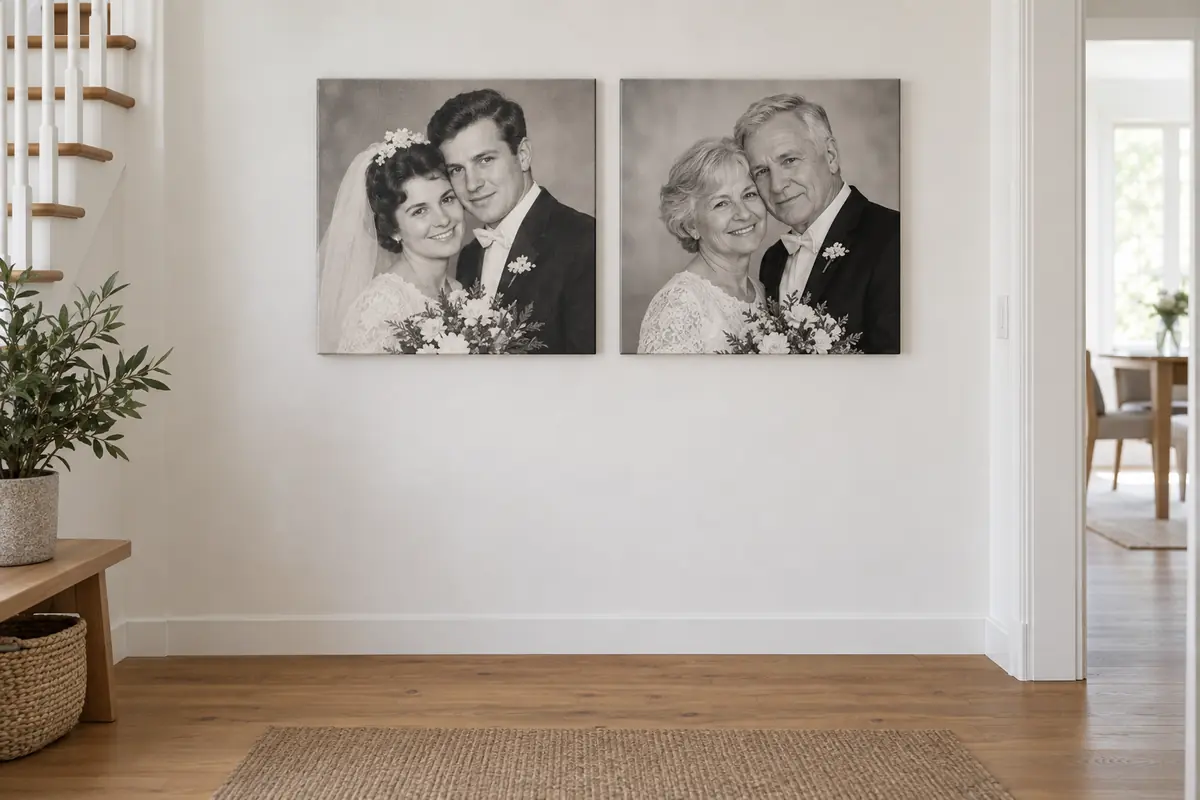 Zwei quadratische Fotoleinwände zum Hochzeitstag nebeneinander, damals und heute