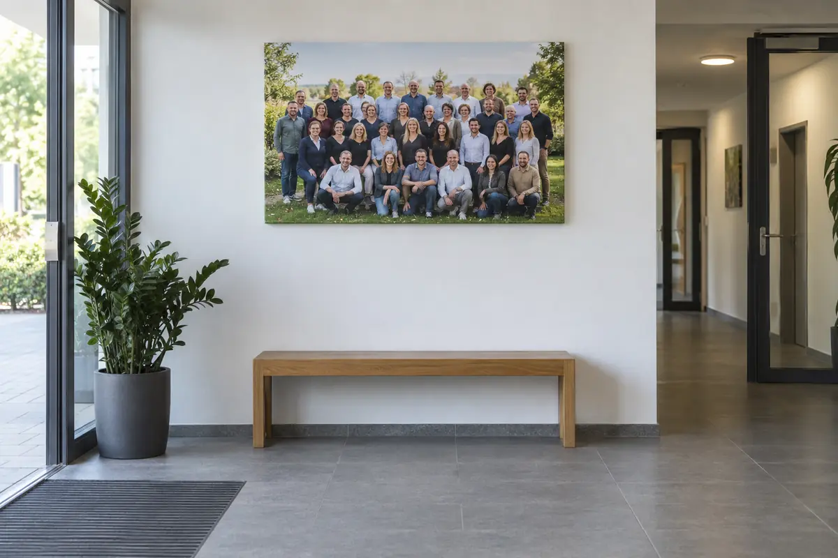 Foto auf Leinwand zum Jubiläum mit Gruppenbild im Eingangsbereich