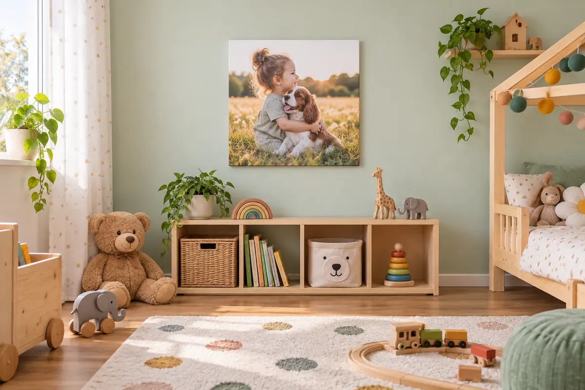 Foto auf Leinwand fürs Kinderzimmer über einem Regal auf Kinderaugenhöhe