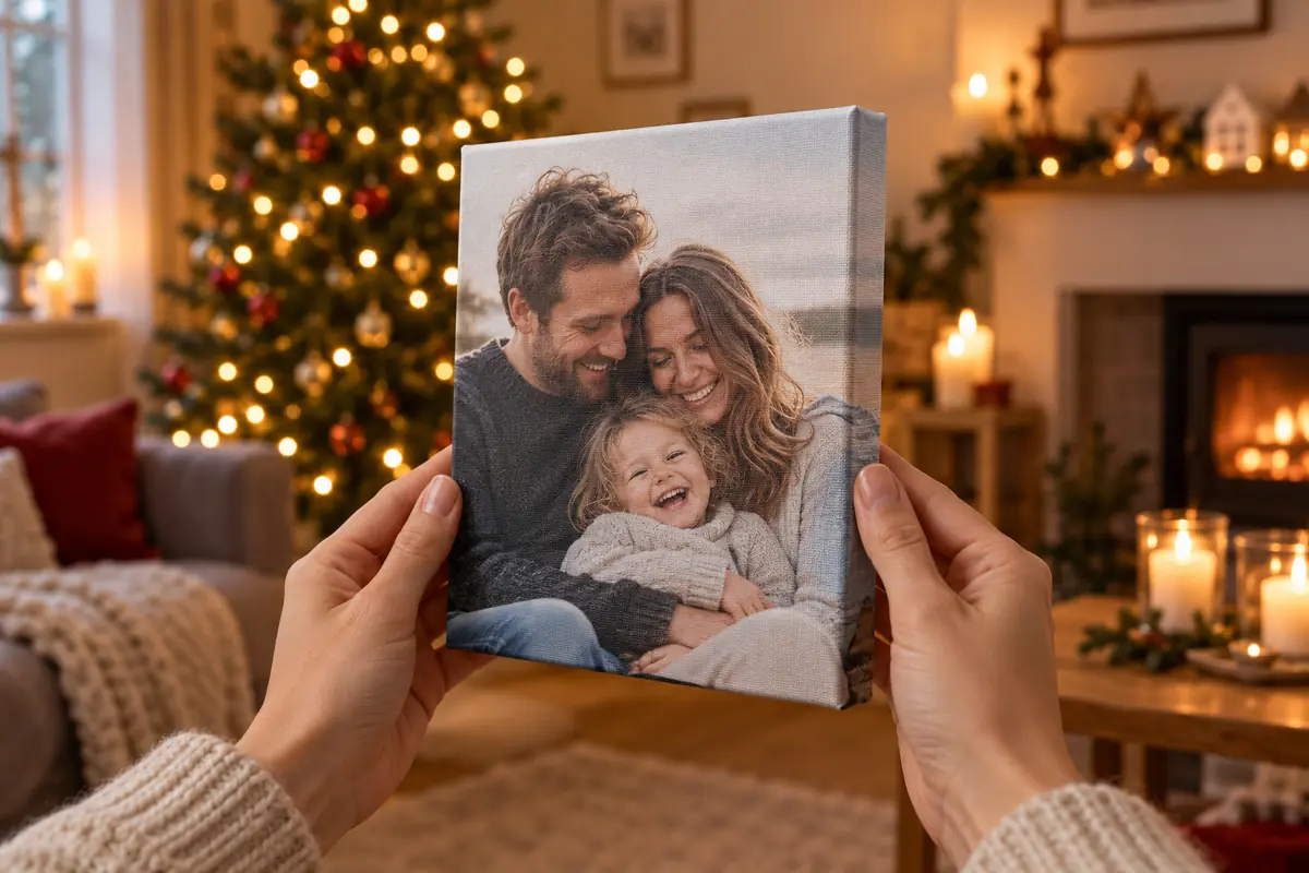 Fotoleinwand zu Weihnachten in zwei Händen, die Kante des Keilrahmens sichtbar