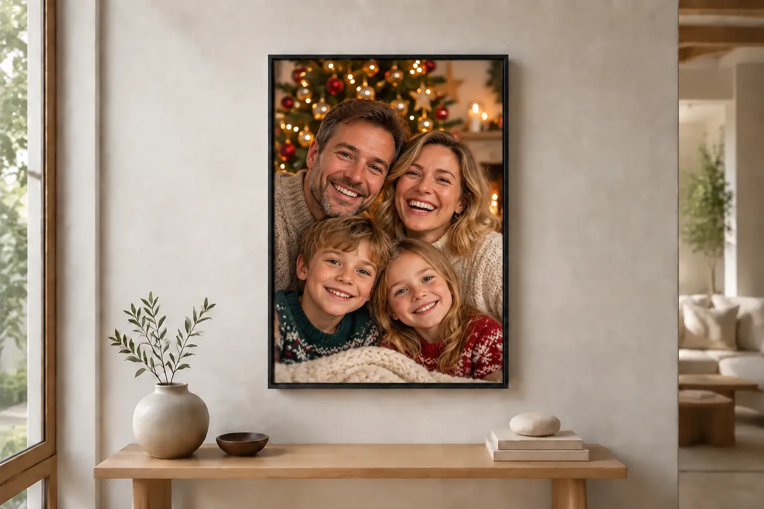 Fotoleinwand zu Weihnachten im schwarzen Schattenfugenrahmen, Motiv mit Familie vor dem geschmückten Christbaum