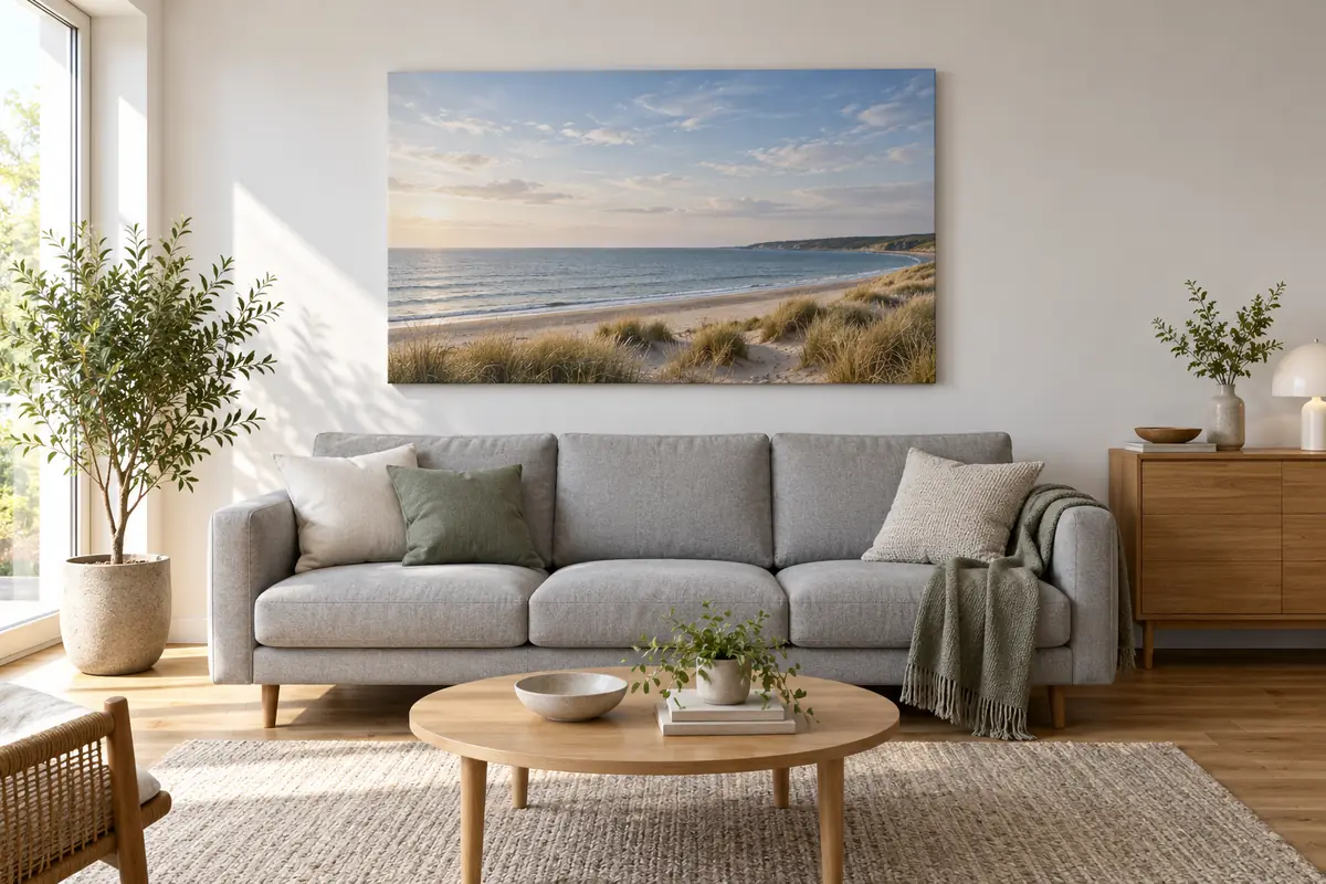 Foto auf Leinwand fürs Wohnzimmer über einem grauen Dreisitzer
