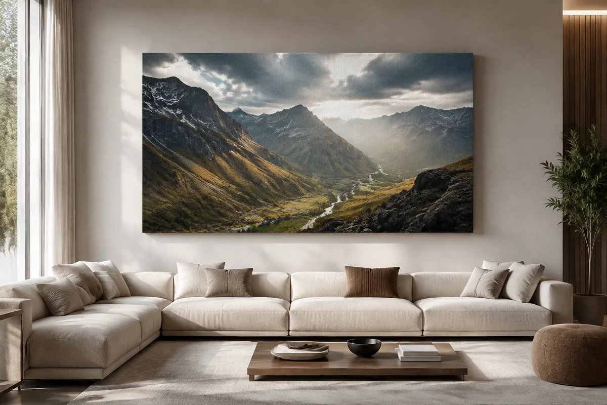 Foto auf Leinwand 150 x 100 cm an der Wand über einem Sideboard
