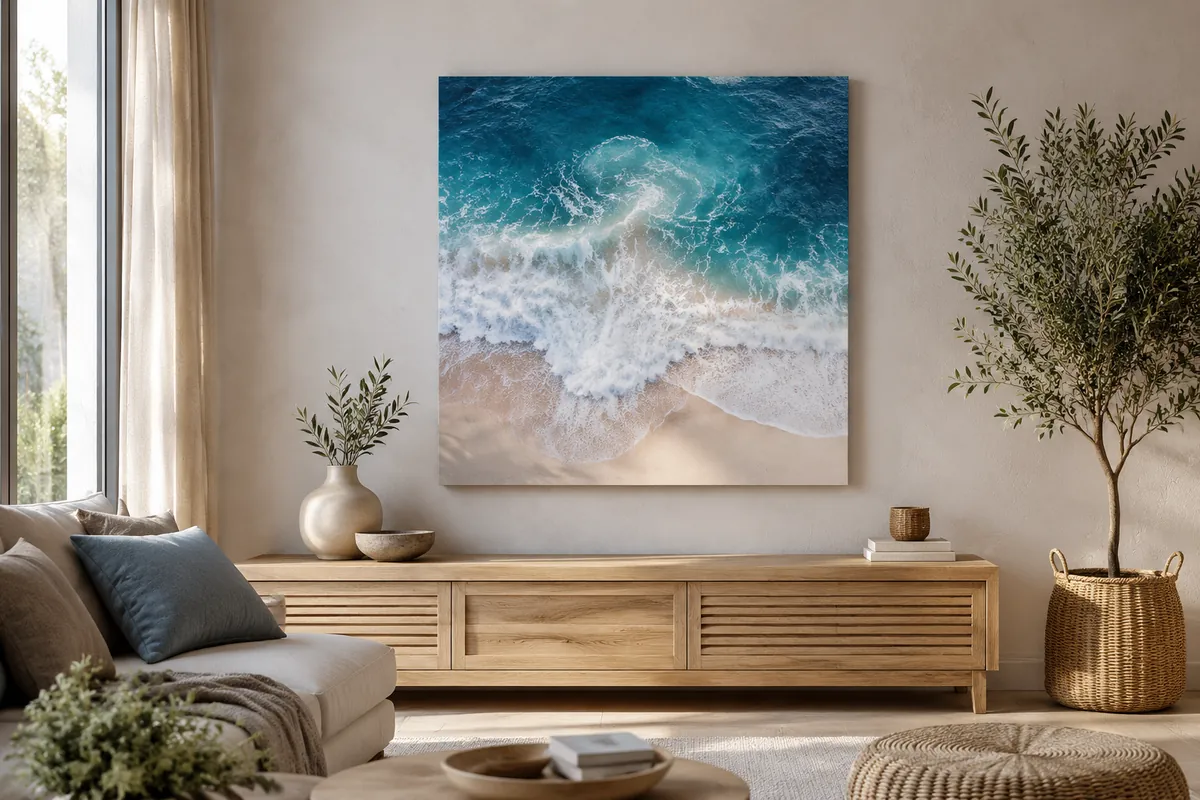 Foto auf Leinwand 80 x 80 cm an der Wand über einem Sideboard