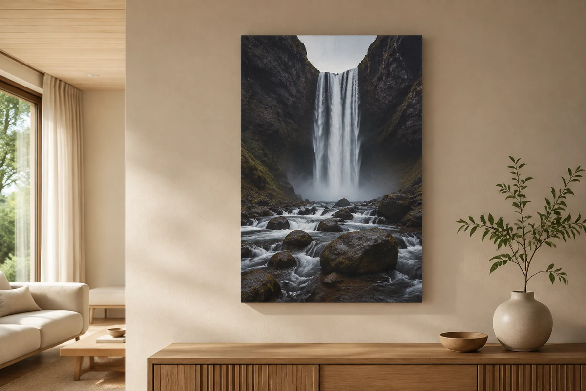 Foto auf Leinwand 90 x 60 cm an der Wand über einem Sideboard