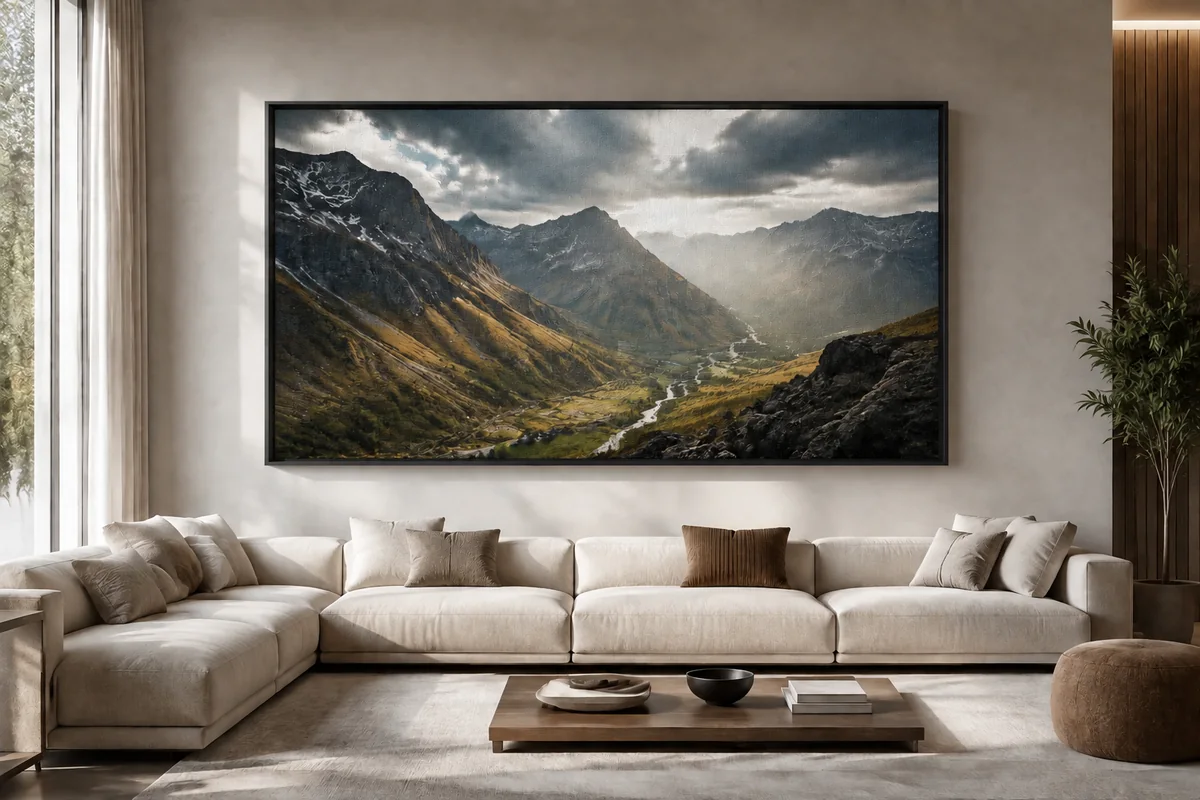 Leinwand 150 x 100 cm im Premium-Schattenfugenrahmen an der Wand