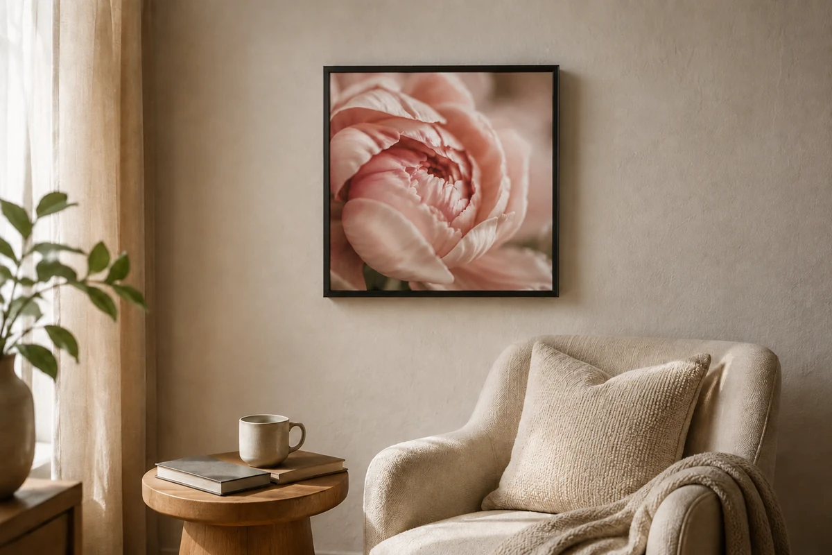 Leinwand 40 x 40 cm im Premium-Schattenfugenrahmen an der Wand