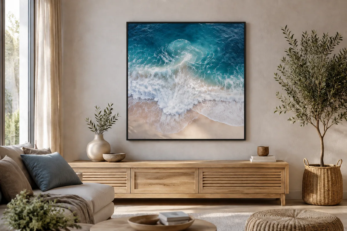 Leinwand 80 x 80 cm im Premium-Schattenfugenrahmen an der Wand