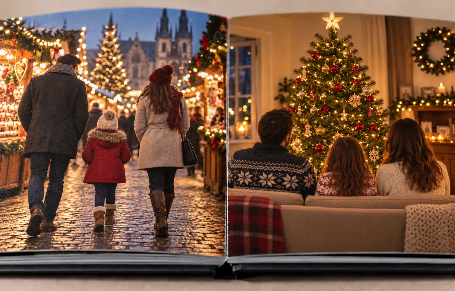 Aufgeschlagenes Weihnachts-Fotobuch, Doppelseite mit Weihnachtsmarkt und Familie vor dem Christbaum