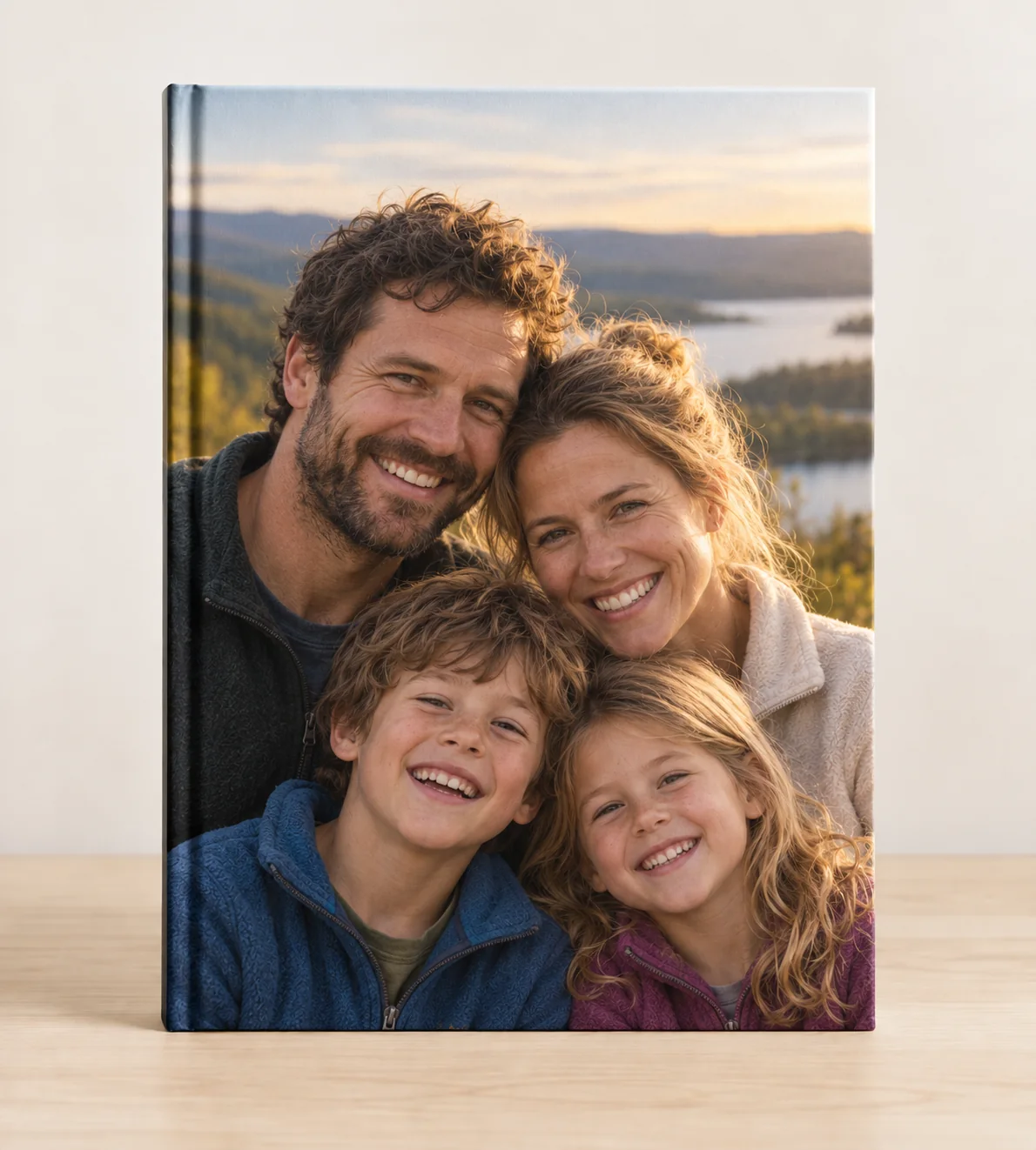 Jahrbuch im Hochformat, Hardcover mit einem Familienporträt am See