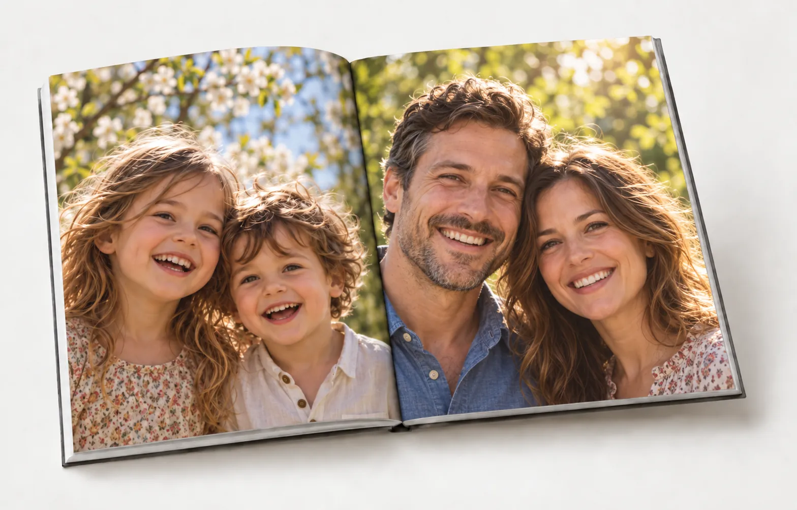 Aufgeschlagenes Jahrbuch, Doppelseite mit Kinder- und Elternporträts