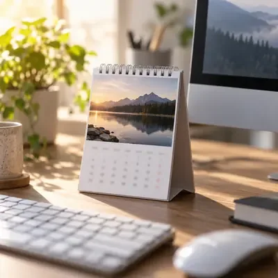 Tischkalender mit Landschaftsfoto neben einem Monitor auf dem Schreibtisch