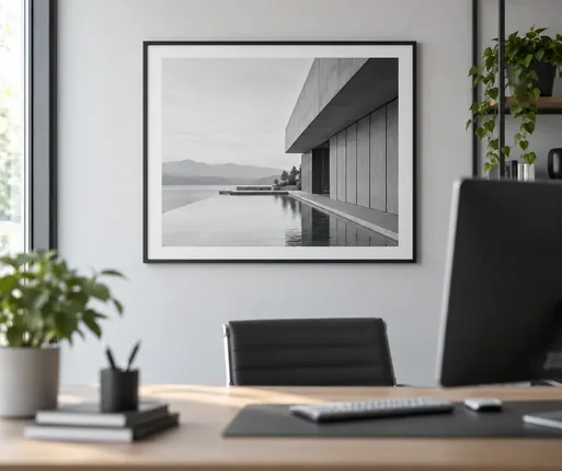Gerahmtes Schwarz-Weiß-Poster an der Wand hinter einem Schreibtisch