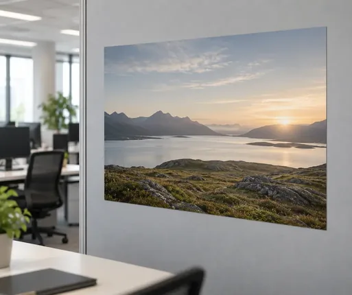 Selbstklebendes Poster auf einer grauen Stellwand im Büro