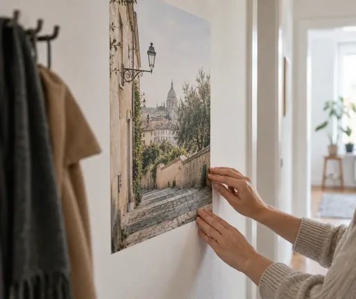 Selbstklebendes Poster wird an einer Flurwand glattgestrichen