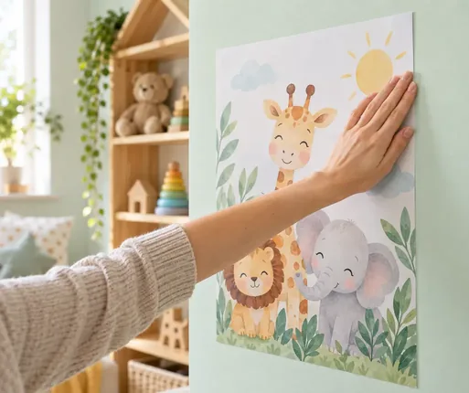 Selbstklebendes Poster mit Tiermotiv wird an eine Kinderzimmerwand geklebt