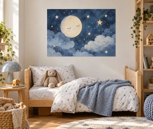 Rahmenloses Poster mit Mond und Sternen über einem Kinderbett