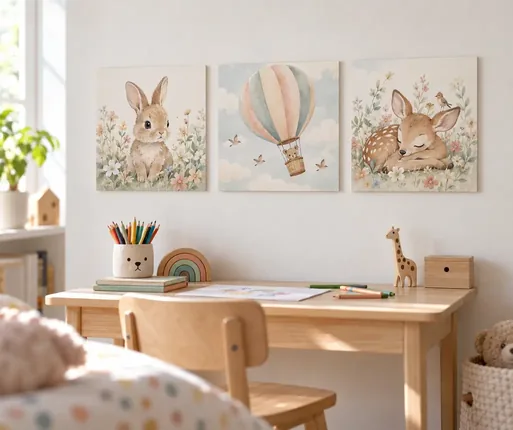 Drei quadratische Poster nebeneinander über einem Kinderschreibtisch