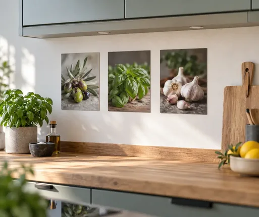 Drei kleine Poster in einer Reihe zwischen Hängeschrank und Arbeitsplatte