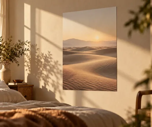 Mattes Poster mit Dünenmotiv im Morgenlicht an einer Schlafzimmerwand