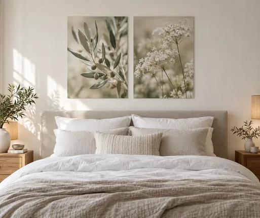 Zwei gleich große Poster nebeneinander über einem Doppelbett