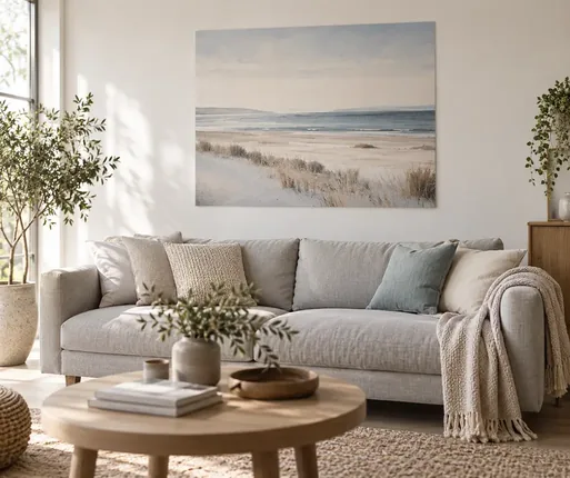 Großes Poster mit Dünen- und Strandmotiv über einem hellen Stoffsofa