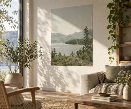 Mattes Poster auf einer sonnenbeschienenen Wand neben dem Fenster, ohne Spiegelung