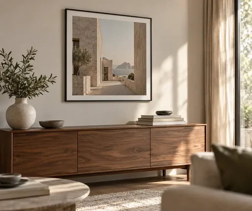 Gerahmtes Poster über einem Sideboard aus Nussbaum