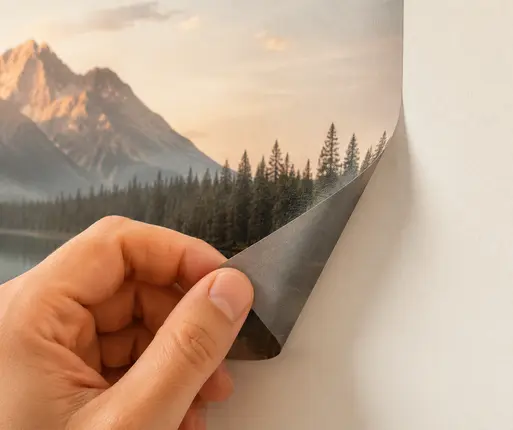Hand zieht eine Ecke der selbstklebenden Fotofolie von der Wand ab