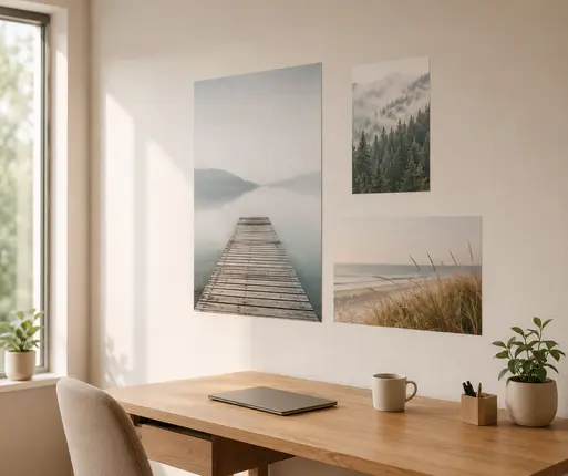 Mehrere Poster in unterschiedlichen Formaten nebeneinander an einer Wand