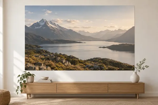 Sehr großes Poster mit Bergsee über einem Sideboard