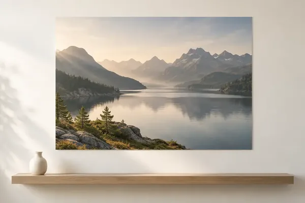 Großes Poster mit Bergsee über einem Wandregal