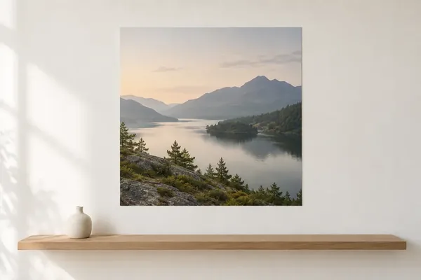 Großes quadratisches Poster mit Bergsee über einem Wandregal