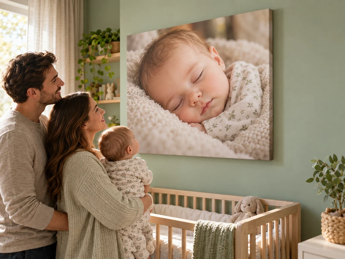 Eltern mit Baby vor der Leinwand mit Babyfoto im Kinderzimmer