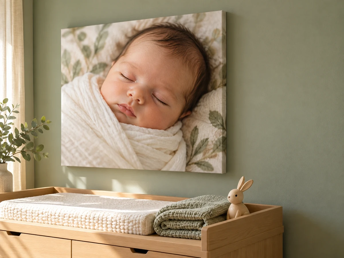 Babyfoto auf Leinwand über der Wickelkommode
