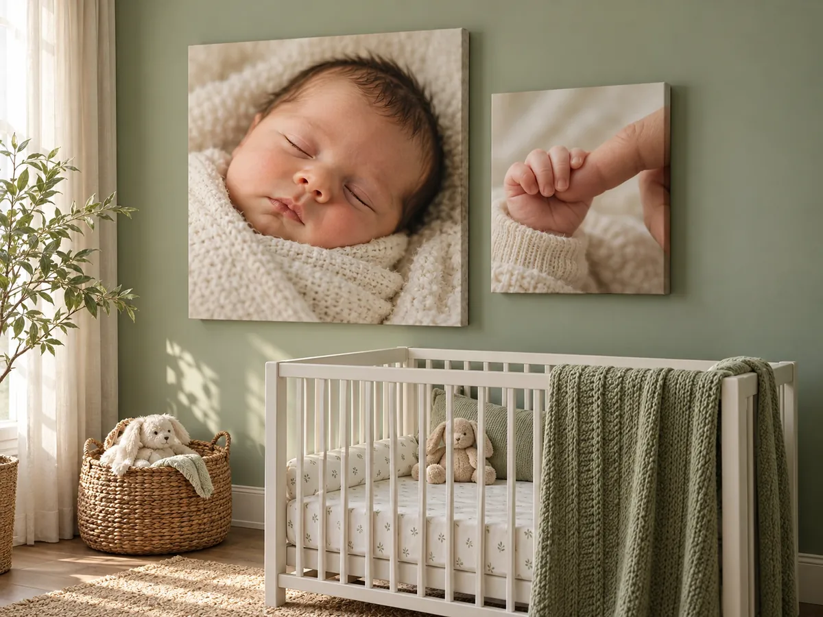 Zwei Leinwände mit Babyfotos über dem Babybett