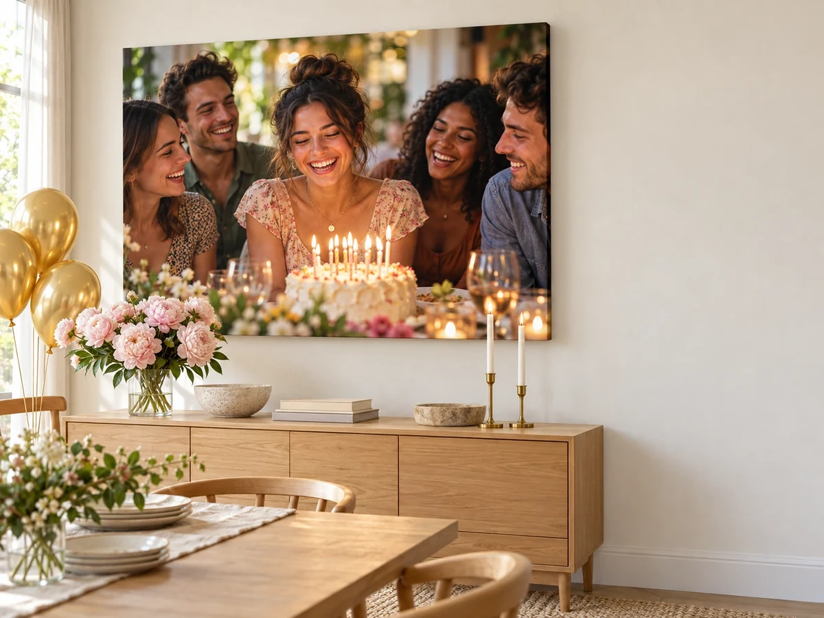 Geburtstagsfoto mit Freunden als Leinwand im Esszimmer