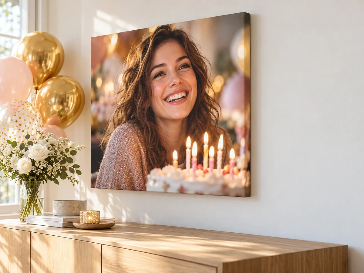 Porträt mit Geburtstagstorte als Leinwand über dem Sideboard