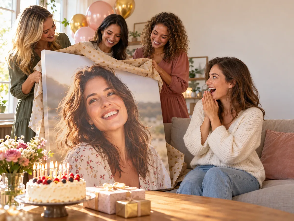 Freundinnen überreichen eine Leinwand mit Porträt zum Geburtstag