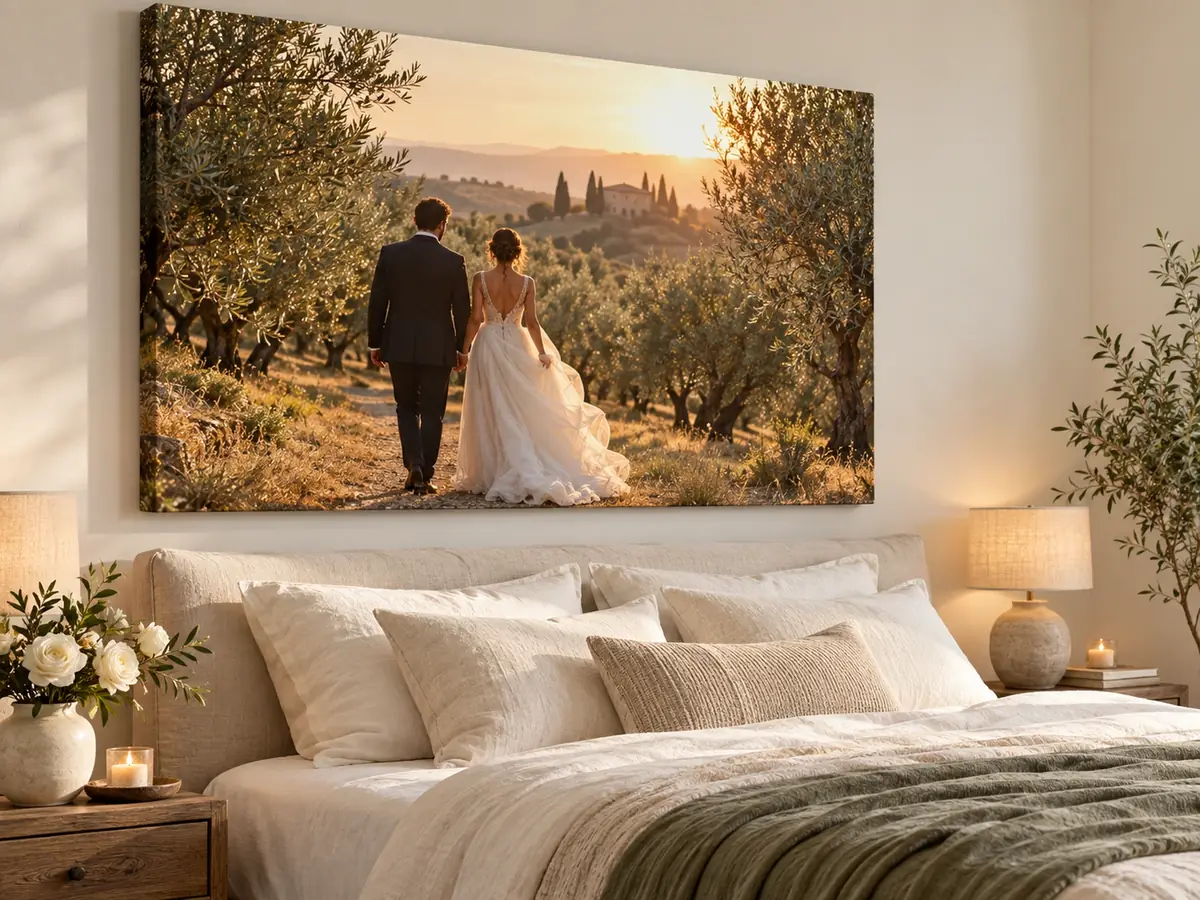 Hochzeitspaar im Olivenhain als Leinwand über dem Bett