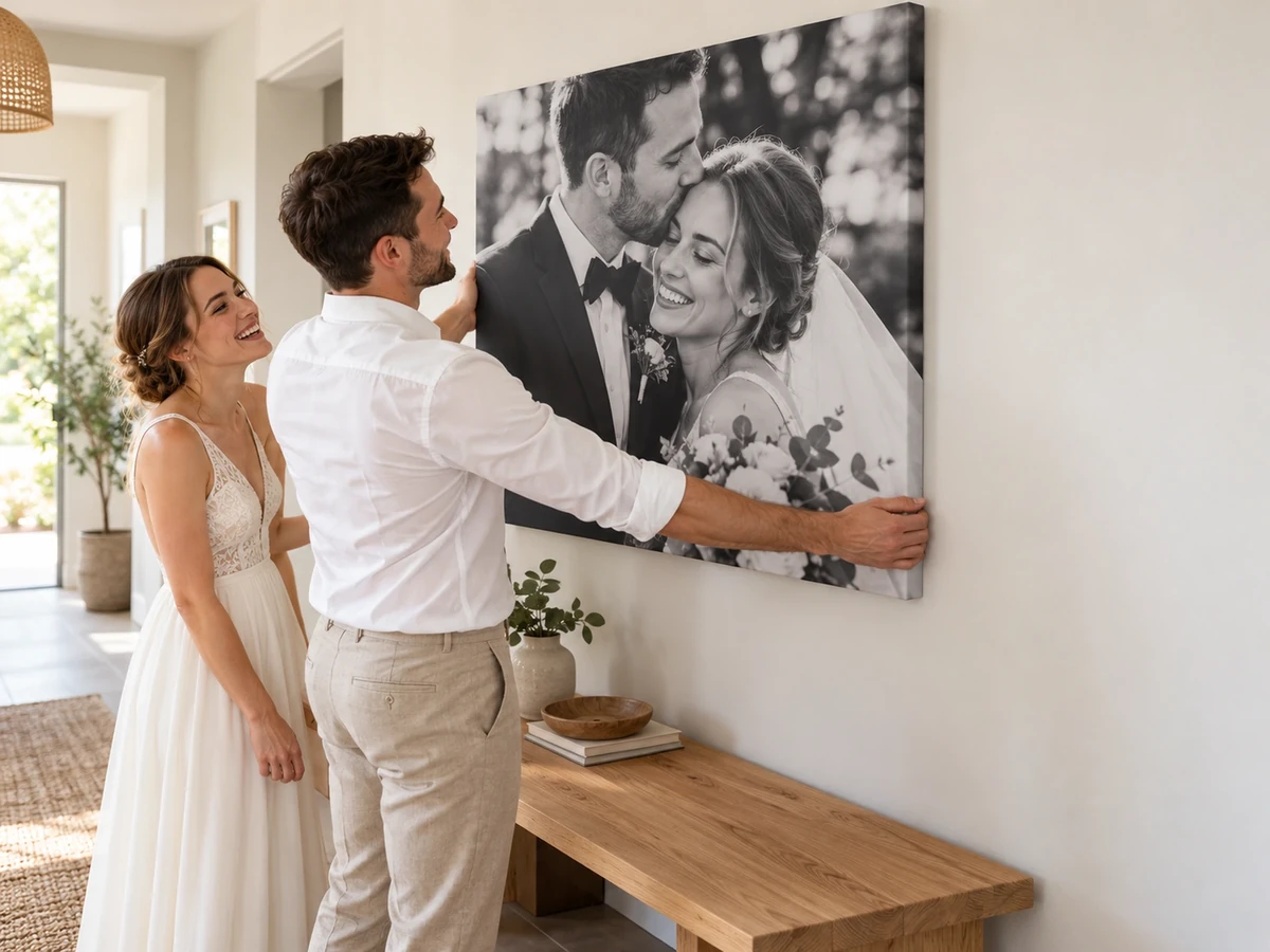 Brautpaar hängt eine Leinwand mit Hochzeitsfoto auf