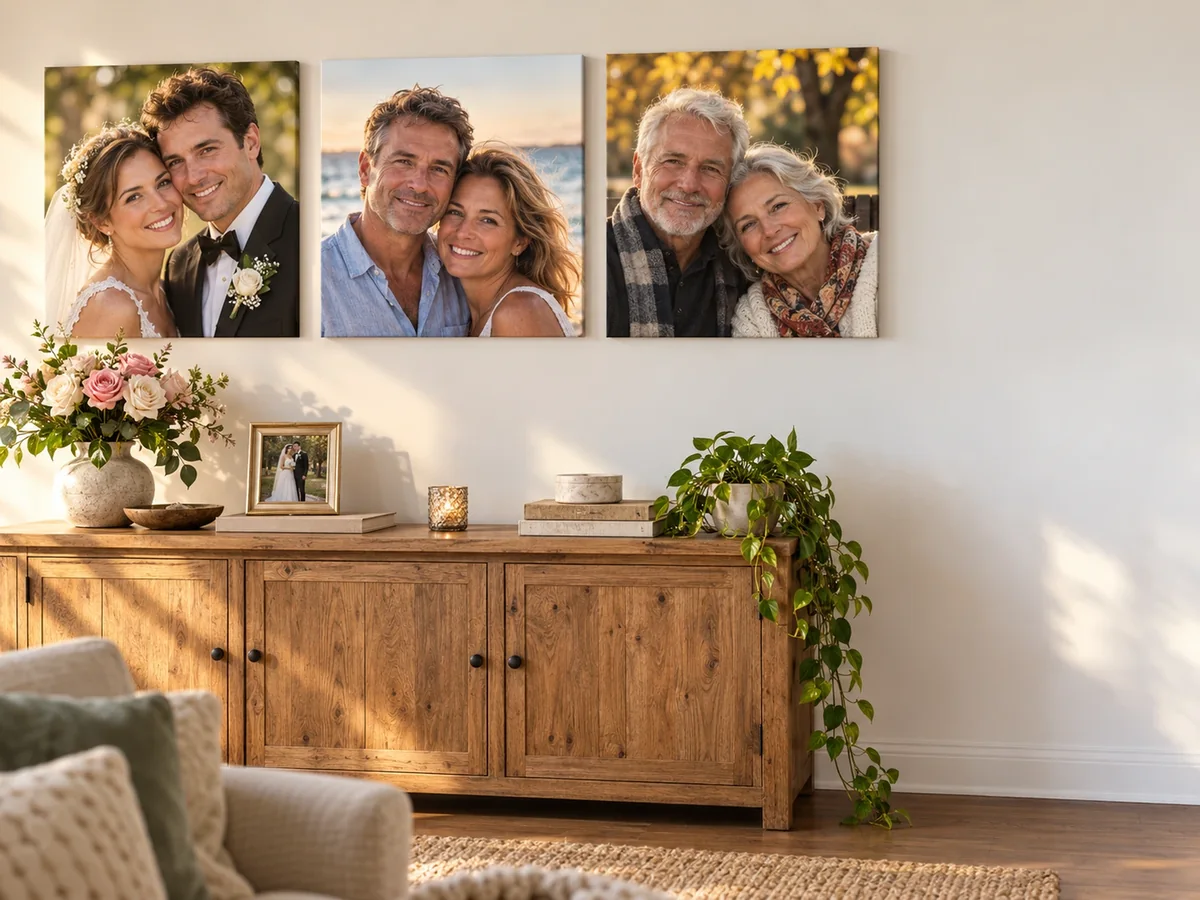 Drei Leinwände eines Paares über die Jahre über dem Sideboard
