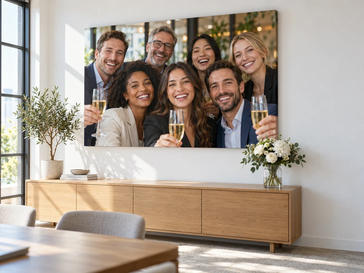Team stößt an: Leinwand zum Firmenjubiläum im Besprechungsraum