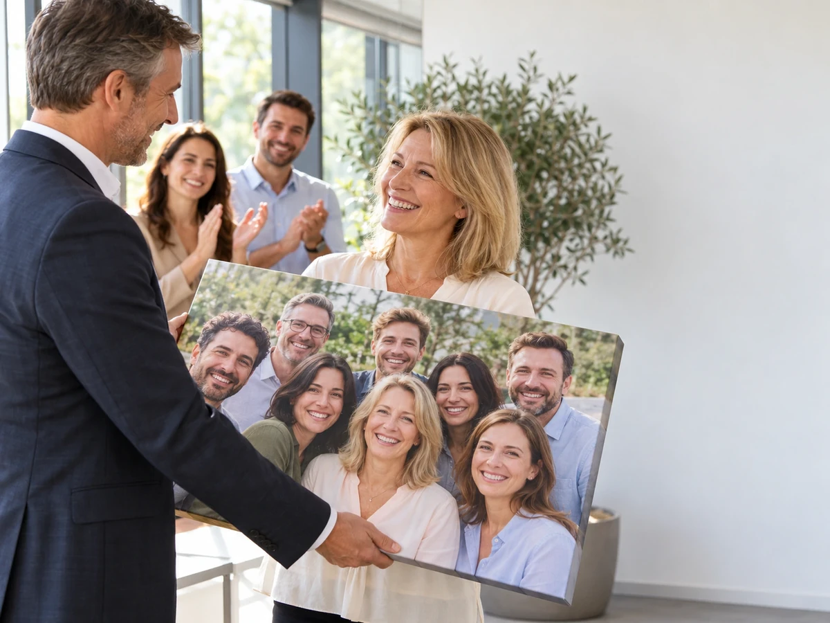 Chef überreicht einer Kollegin eine Leinwand mit Teamfoto