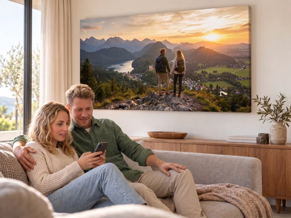 Paar vor der Leinwand mit ihrem Urlaubsfoto in den Bergen