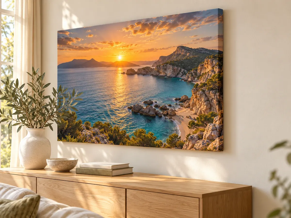 Sonnenuntergang über einer Bucht als Leinwand im Wohnzimmer