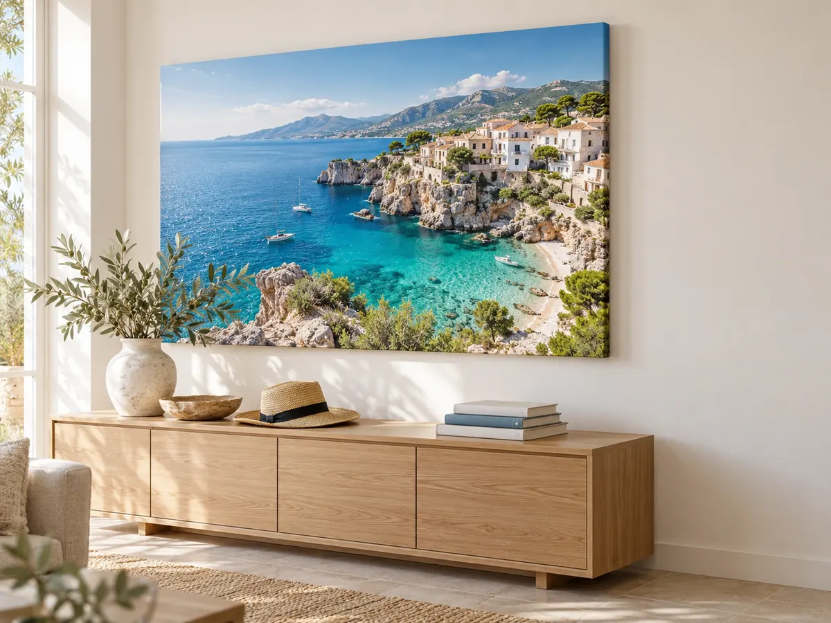 Mittelmeerbucht als Leinwand über dem Sideboard
