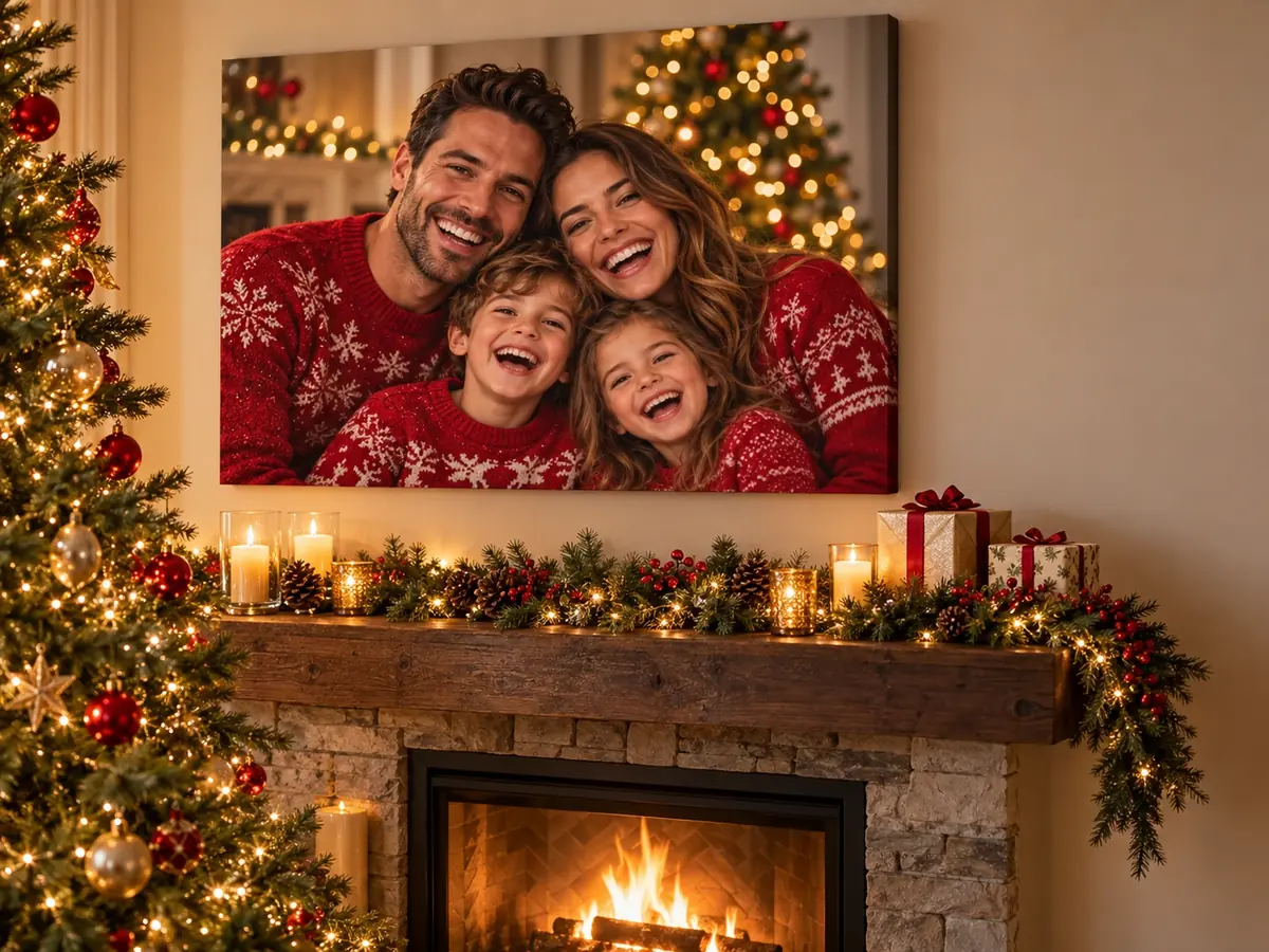 Familienfoto als Leinwand über dem Kamin zu Weihnachten